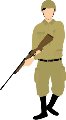 Male soldier holding rifle down, war or savage game