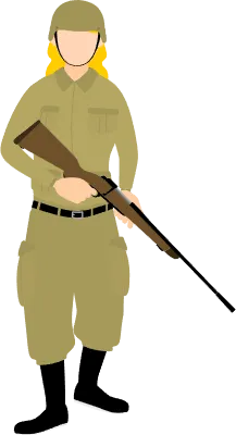 Female soldier holding a rifle down, war or savage game