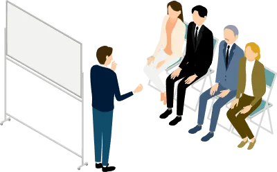 Business scene, men and women listening to explanations, isometric