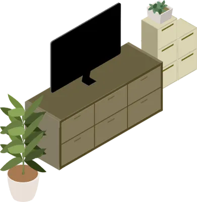 Isometric, TV boards and foliage plants in the living room