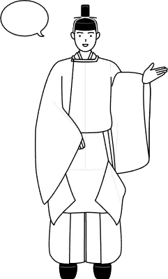 Priest of the shrine, wearing a crown and a white silk robes worn at festivals, giving directions, w