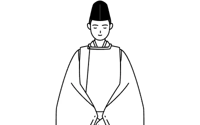 Priest of the shrine, wearing a Eboshi and Kariginu, with hands on top of each other in front of the