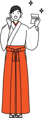 Shrine Maiden Of The Shrine, wearing White kosode and Red Hakama, who is pleased to see a bankbook.