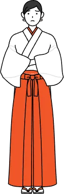 Shrine Maiden Of The Shrine, wearing White kosode and Red Hakama, with crossed arms, deep in thought