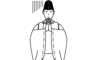 Priest of the shrine, wearing a Eboshi and Kariginu, apologizing with his hands in front of his body