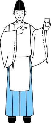 Priest of the shrine, wearing a Eboshi and Kariginu, recommending cashless online payments on a smar