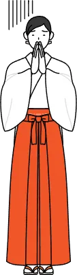 Shrine Maiden Of The Shrine, wearing White kosode and Red Hakama, apologizing with her hands in fron