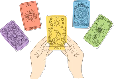 タロットカード占いのシンプルなカラーイラスト,星のカードを手に持っている