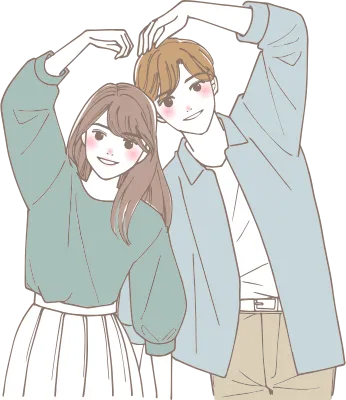 手で大きなハートを作っているカップルの二人のイラスト
