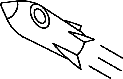 Simple line drawing in black and white of a rocket, isometric illustration