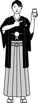 Man wearing Hakama with crest recommending cashless online payments on a smartphone