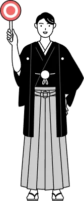 Man wearing Hakama with crest holding a maru placard that shows the correct answer