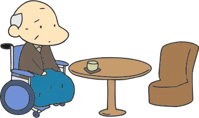 A lonely wheelchair grandfather drinking tea alone Japanese cartoon style