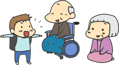 Grandfather in a wheelchair, grandmother sitting on the floor, and grandson Japanese cartoon style