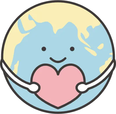 Cute earth character with a heart symbol.