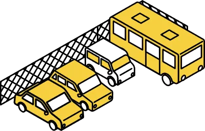 Isometric illustration of a simple line drawing of a fenced parking lot and buses and cars 'sedan an