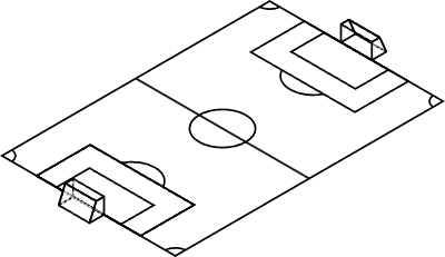 Isometric illustration of a simple line drawing of a soccer court