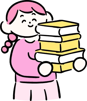 마루가족 하나짱 여러 책을 들고 웃고 있는 모습