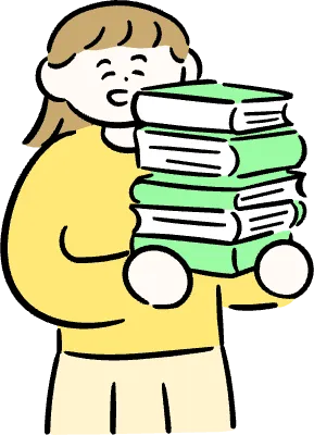 마루가족 유리씨 여러 책을 들고 웃고 있는 모습