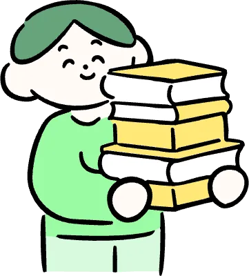 마루가족 하루짱 여러 책을 들고 웃고 있는 모습