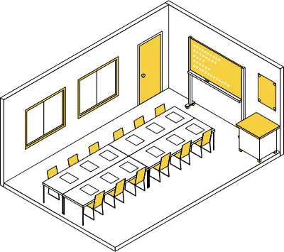 Simple and cute isometric line art illustration of a school conference room with whiteboard and 