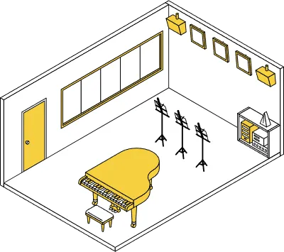 Simple and cute isometric line art illustration of a school music room with a grand piano and mu