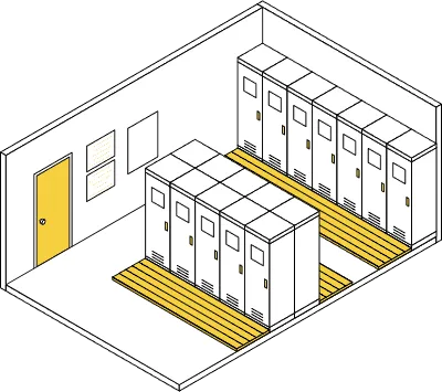 Simple and cute isometric line art illustration of a school locker room with lockers