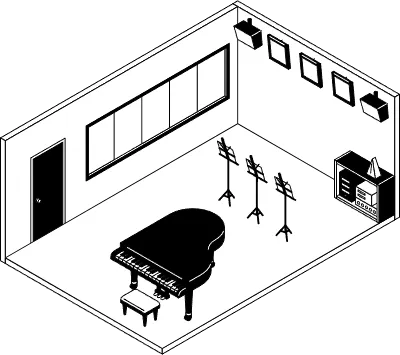 Simple and cute isometric line art illustration of a school music room with a grand piano and mu