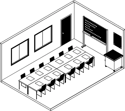 Simple and cute isometric line art illustration of a school conference room with whiteboard and 