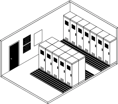 Simple and cute isometric line art illustration of a school locker room with lockers