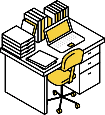 Simple and cute isometric line art illustration of a desk full of laptops, papers and documents