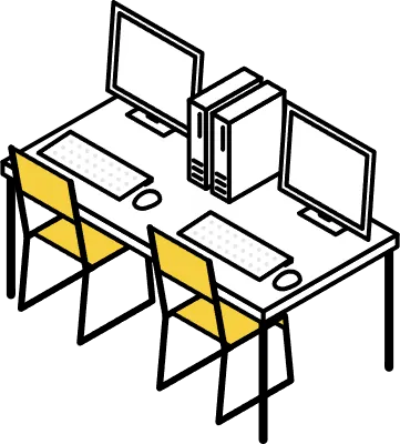 Simple and cute isometric line art illustration of a desk with a row of desktop computers