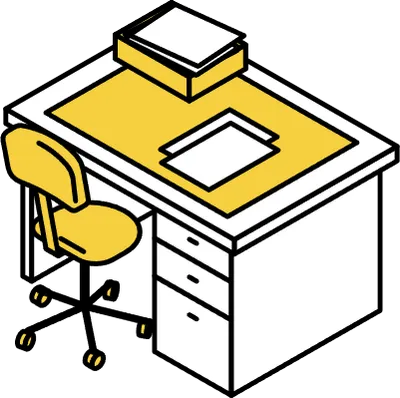 Simple and cute isometric line art illustration of a work desk with papers on it