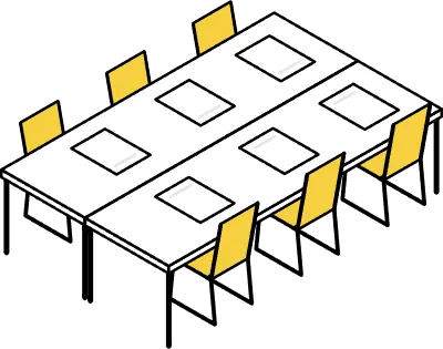 Simple and cute isometric line art illustration of a conference room with long desks facing each oth