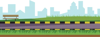 초록 들판과 아스팔트 도로가 있는 평야 풍경 일러스트