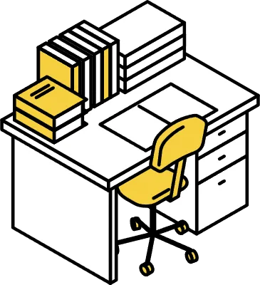 Simple and cute isometric line art illustration of a study desk lined with books