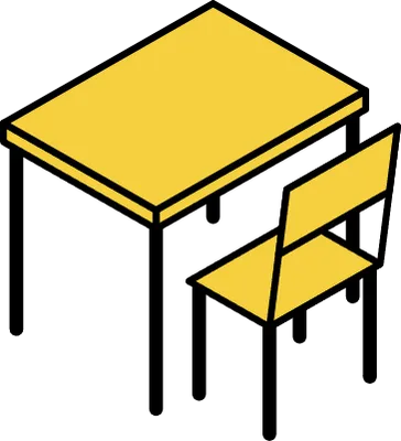 Simple and cute isometric line art of a desk and chair in a school classroom