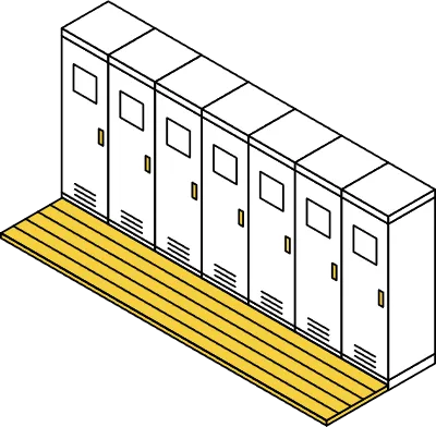 Simple and cute isometric line art illustration of a locker room with a row of lockers and changing 