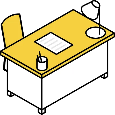Simple and cute isometric line art illustration of a desk with a desk light and papers