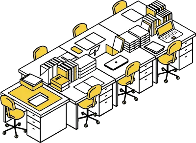 Simple and cute isometric line art illustration of an office with a row of desks