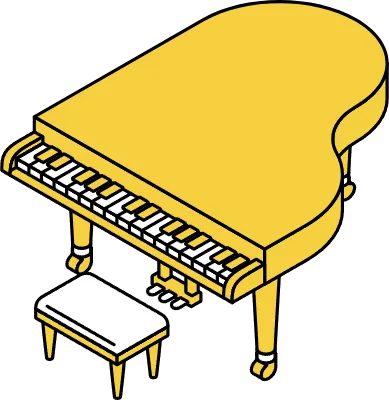 Simple and cute isometric line art illustration of a music room with a grand piano with the lid clos