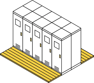 Simple and cute isometric line art illustration of locker rooms and locker rooms lined up back to ba