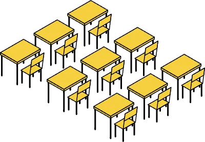 Simple and cute isometric line art of a school classroom with desks and chairs