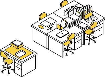 Simple and cute isometric line art illustration of an office with a row of desks