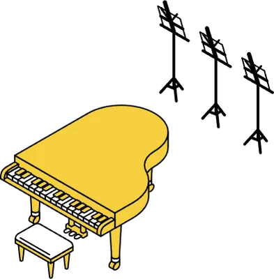 Simple and cute isometric line art illustration of a grand piano and music stand