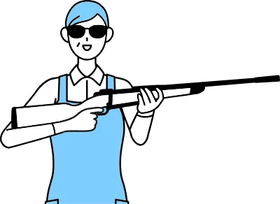 A senior woman in an apron with sunglasses and holding a rifle