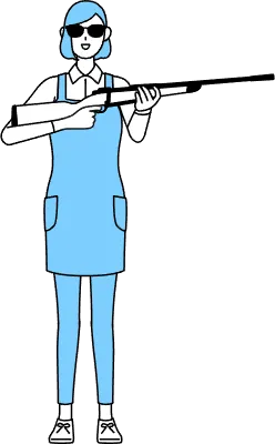 A woman in an apron with sunglasses and holding a rifle