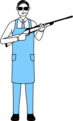 A senior man in an apron with sunglasses and holding a rifle