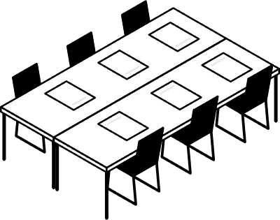 Simple and cute isometric line art illustration of a conference room with long desks facing each oth