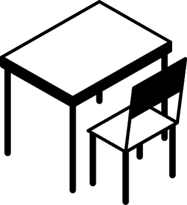 Simple and cute isometric line art of a desk and chair in a school classroom